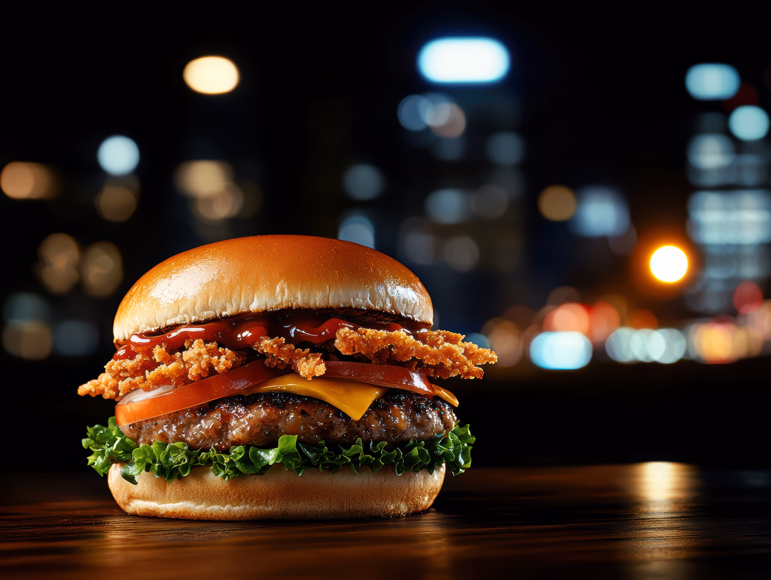 Symbolbild eines frischen Burgers, der auf dem Tisch liegt in dunklem Setting.