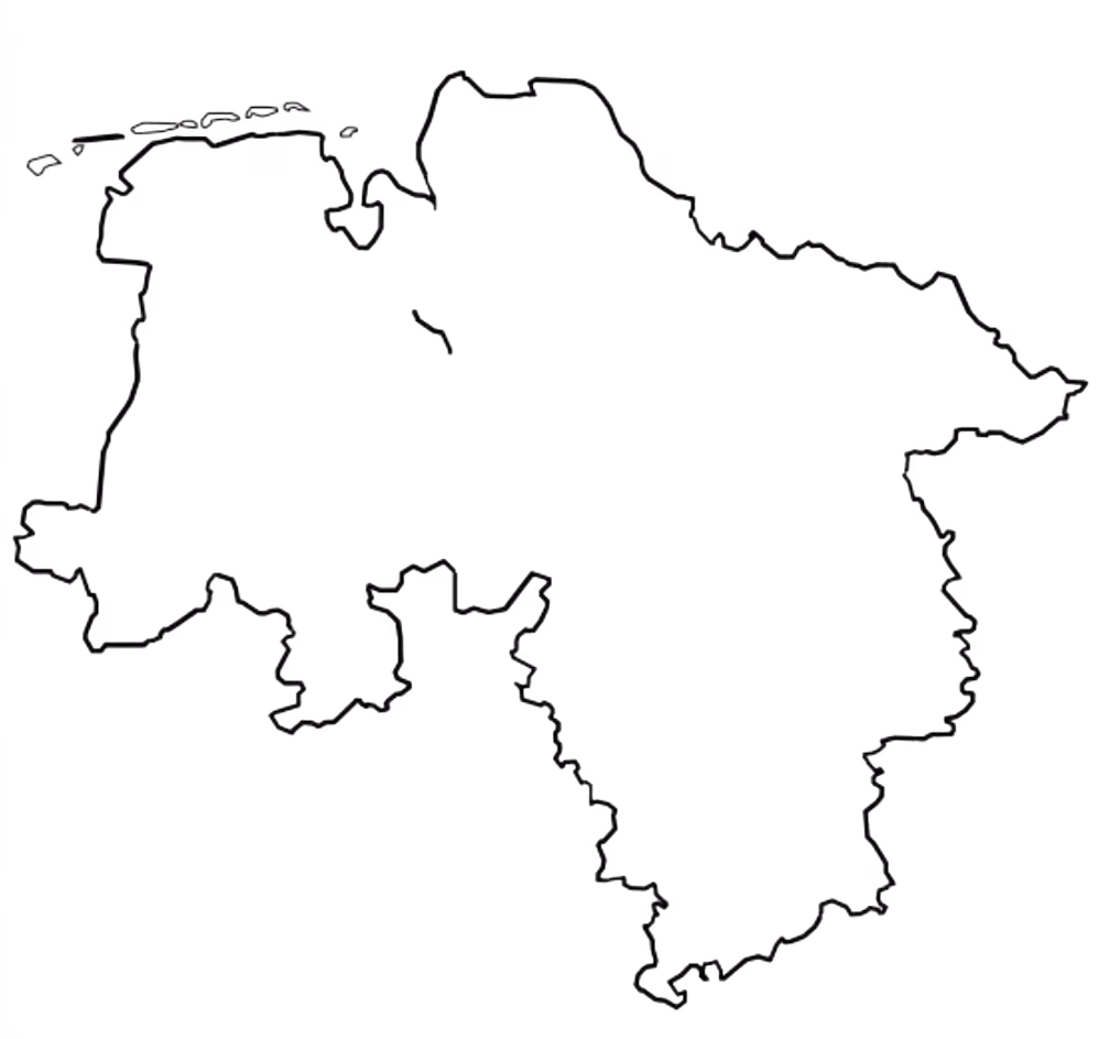 Transparenter Umriss des deutschen Bundeslandes Niedersachsen in Schwarz.