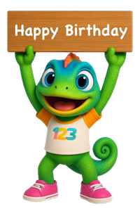 Maskottchen Chamäleon hält ein Schild mit "Happy Birthday" über dem Kopf