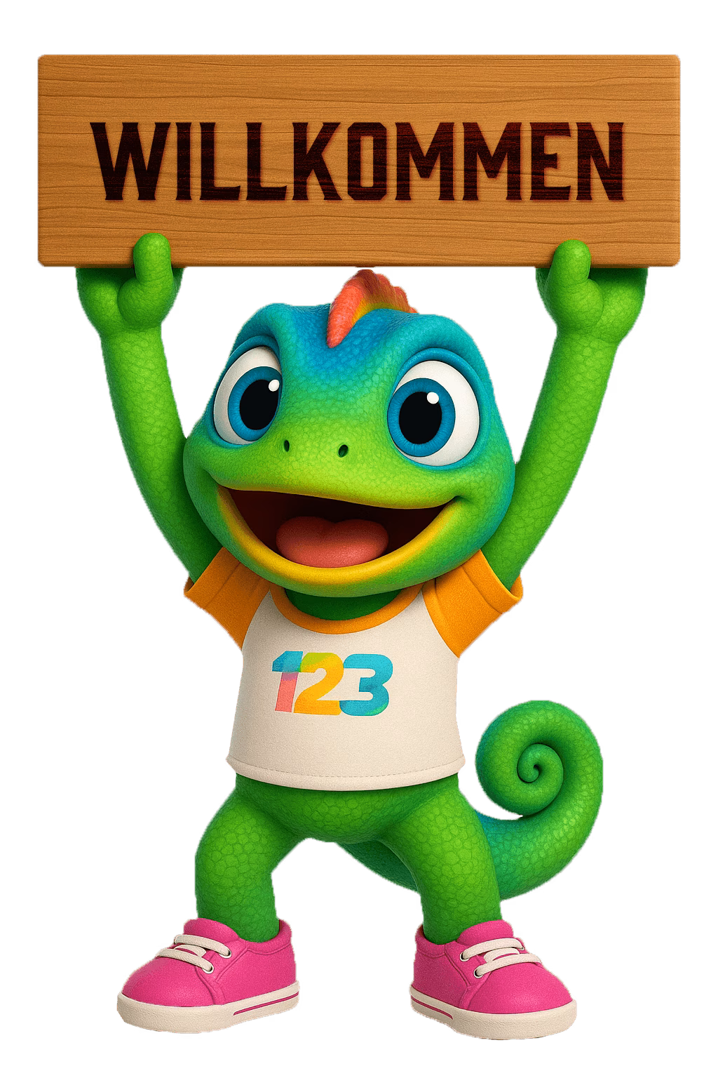 Unser buntes Chamäleon-Maskottchen hält ein Schild mit dem Text "Willkommen" über dem Kopf.